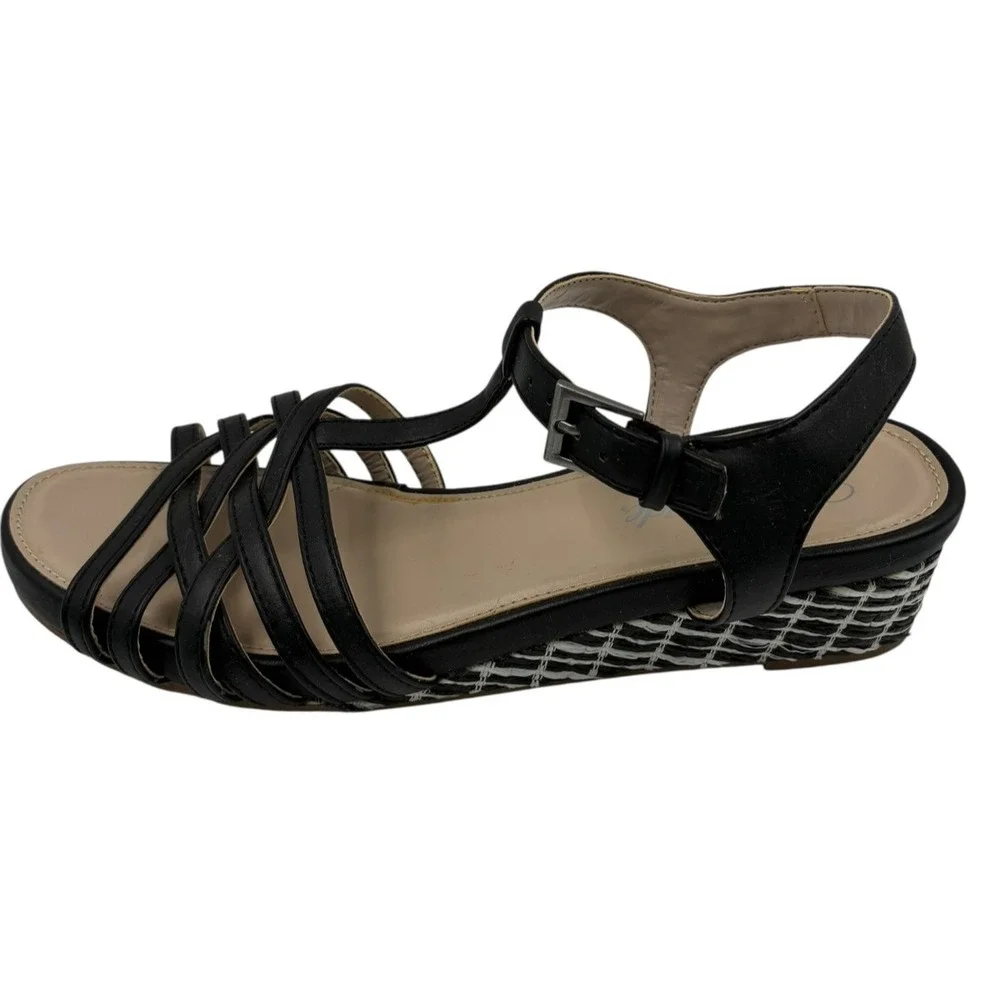 Life Stride Wedge Heel Sandals Ankle Strap Black Feather ‎ 8.5